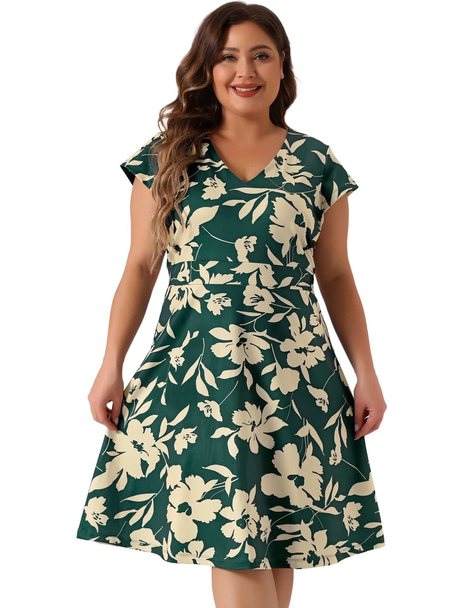 DARING DIVA Plus Size Fashion Cap Sleeve V Neck Above Knee Dress 4X Dark Green