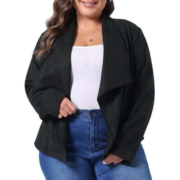 DARING DIVA Plus Size Faux Suede Lapel Open Front Cardigans Jacket 1X Black