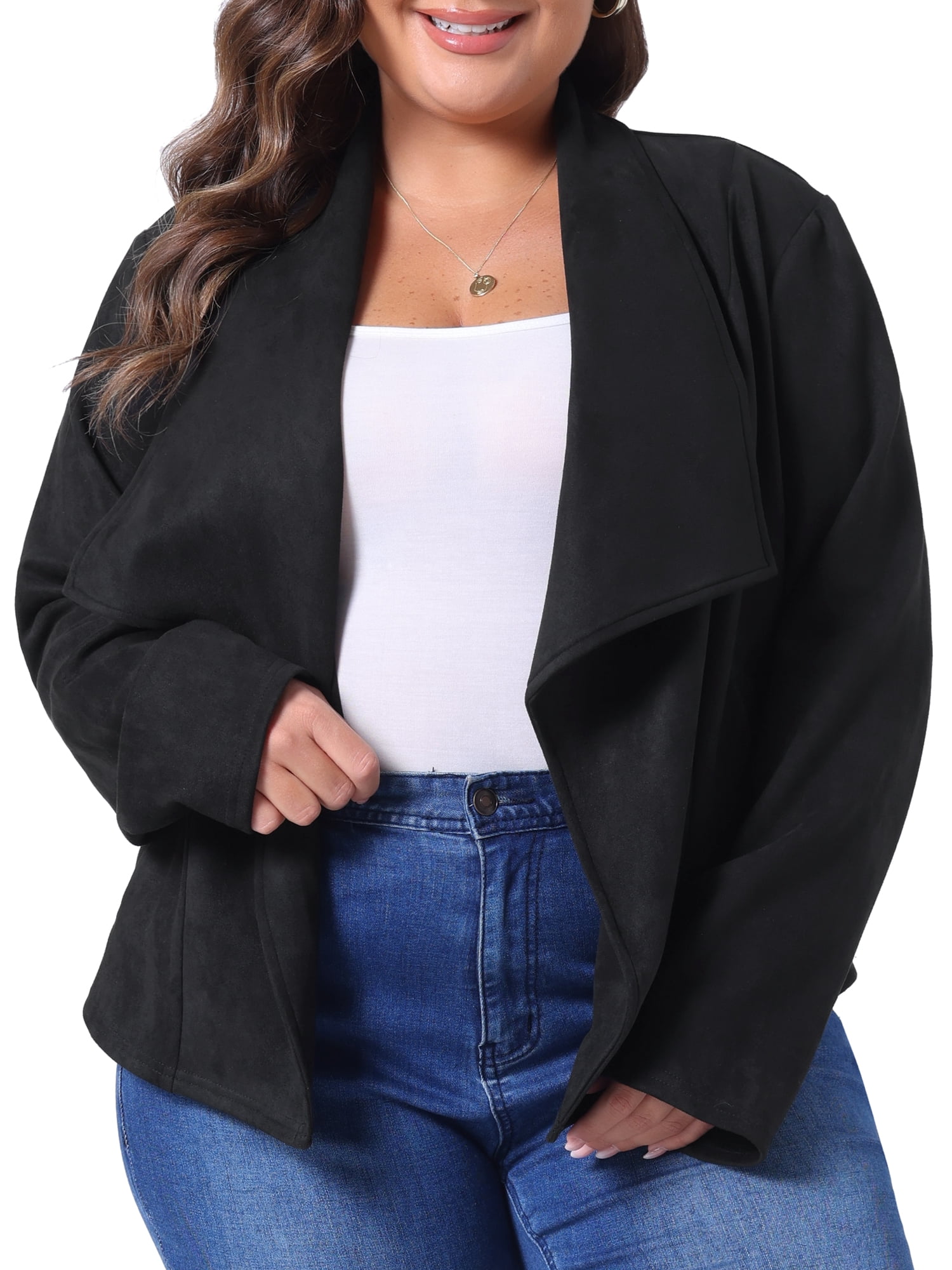 DARING DIVA Plus Size Faux Suede Lapel Open Front Cardigans Jacket 3X Black
