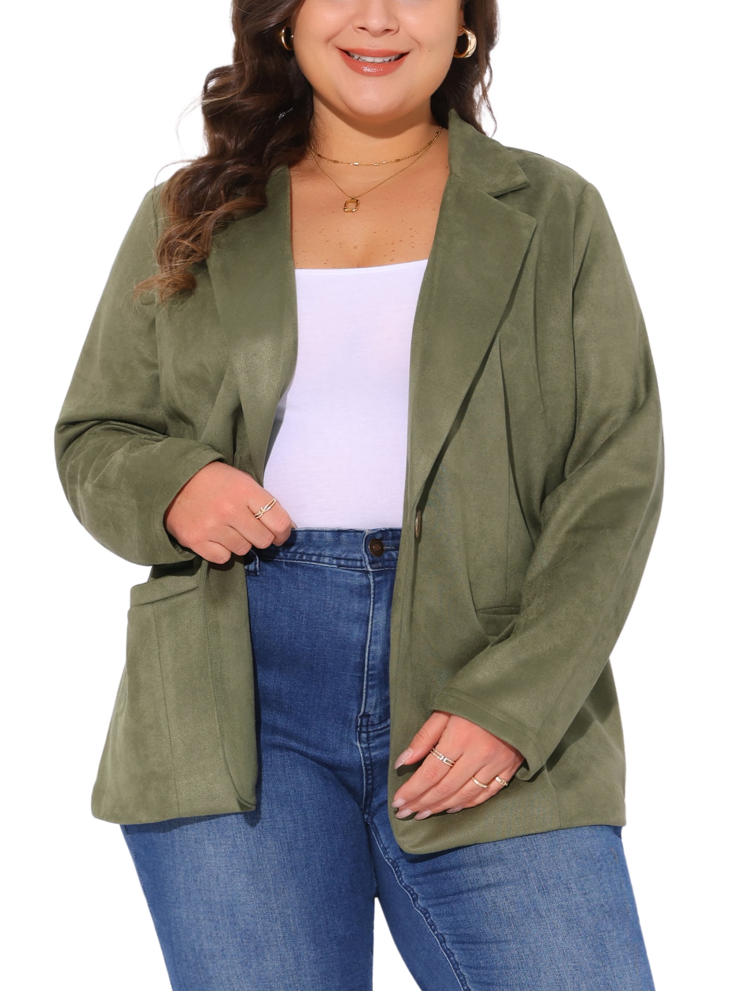 DARING DIVA Women's Plus Size Lapel Collar Button Front Long Sleeve Blazer 3X Army Green