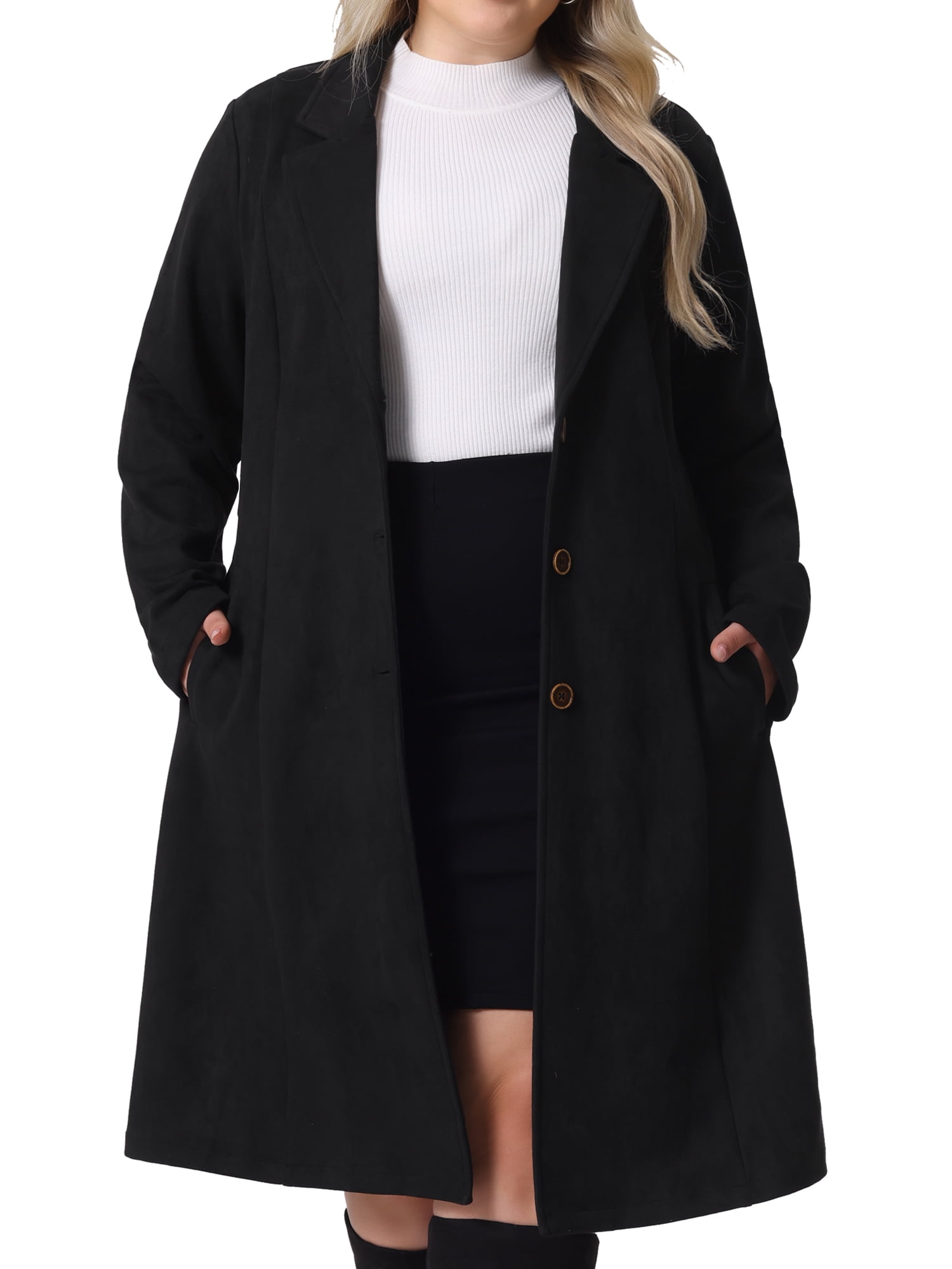 DARING DIVA Plus Size Faux Suede Trench Notch Lapel Long Sleeve Jacket 1X Black