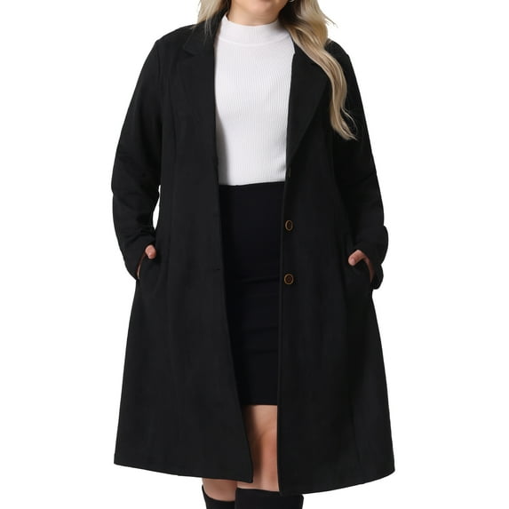 DARING DIVA Plus Size Faux Suede Trench Notch Lapel Long Sleeve Jacket 1X Black