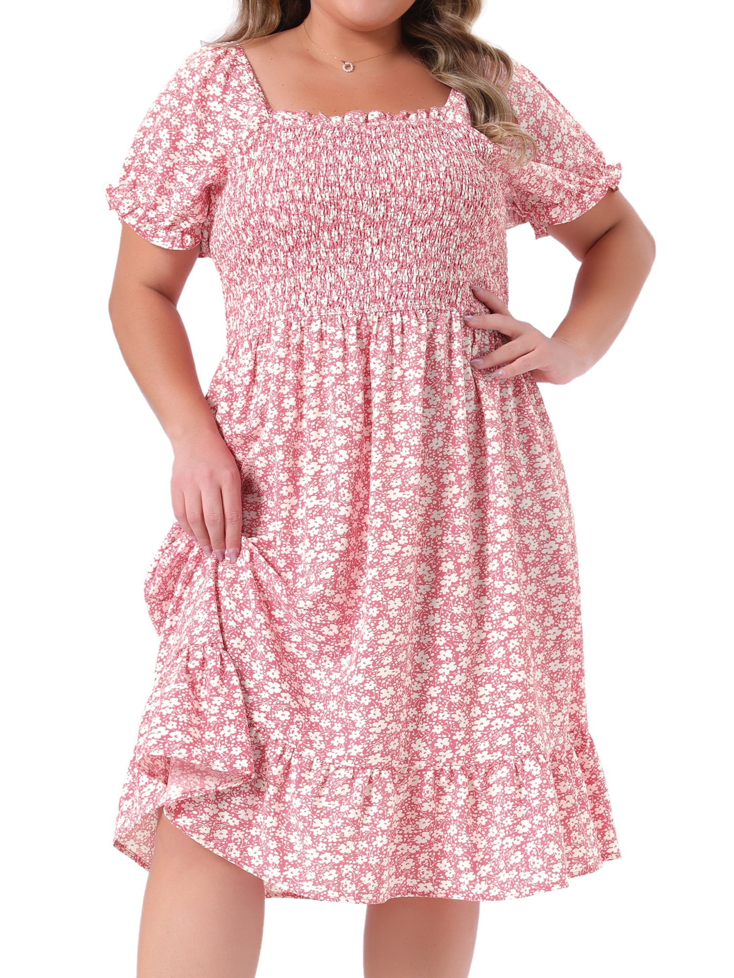 DARING DIVA Plus Size Flared Flowy Smock Ruffle Sleeve Floral Dress 1X Pink White