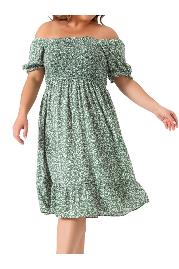 Plus Size Flared Flowy Smock Ruffle Sleeve Floral Dress 3X Green