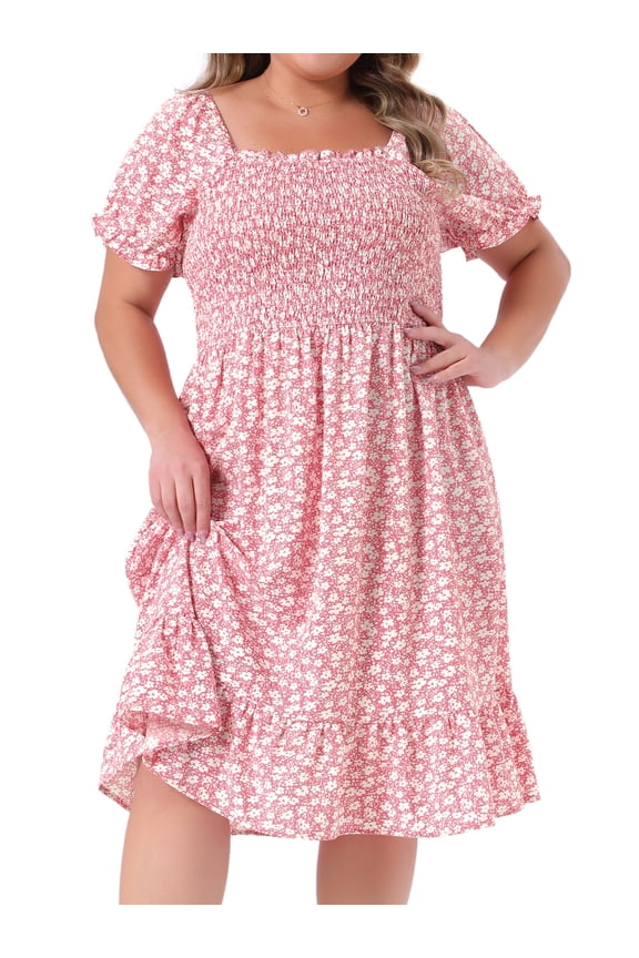 Plus Size Flared Flowy Smock Ruffle Sleeve Floral Dress 4X Pink White