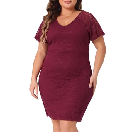 DARING DIVA Plus Size Floral Bateau V Neck Short Sleeves Lace Dress 1X Burgundy
