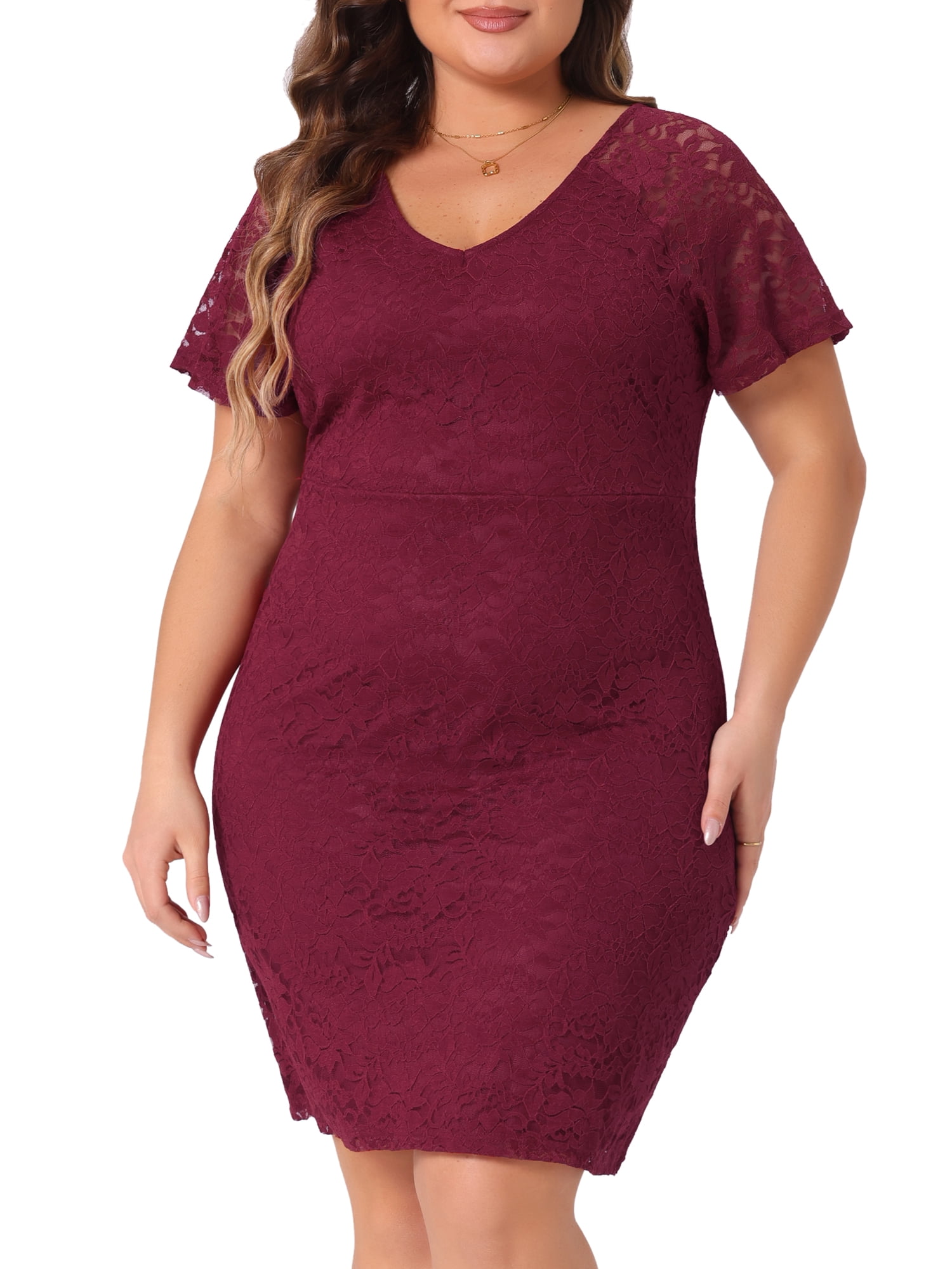 DARING DIVA Plus Size Floral Bateau V Neck Short Sleeves Lace Dress 4X Burgundy