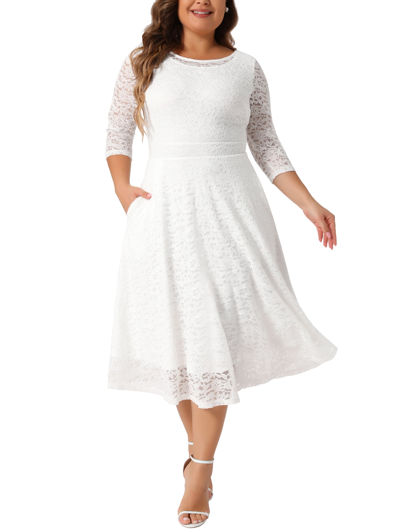 DARING DIVA Plus Size Floral Lace 3/4 Sleeves Pocket Cocktail Dress 3X White