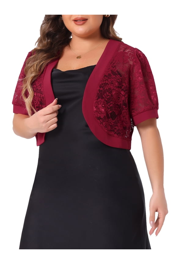 Plus Size Floral Lace Bolero Open Front Cropped Cardigan 1X Burgundy