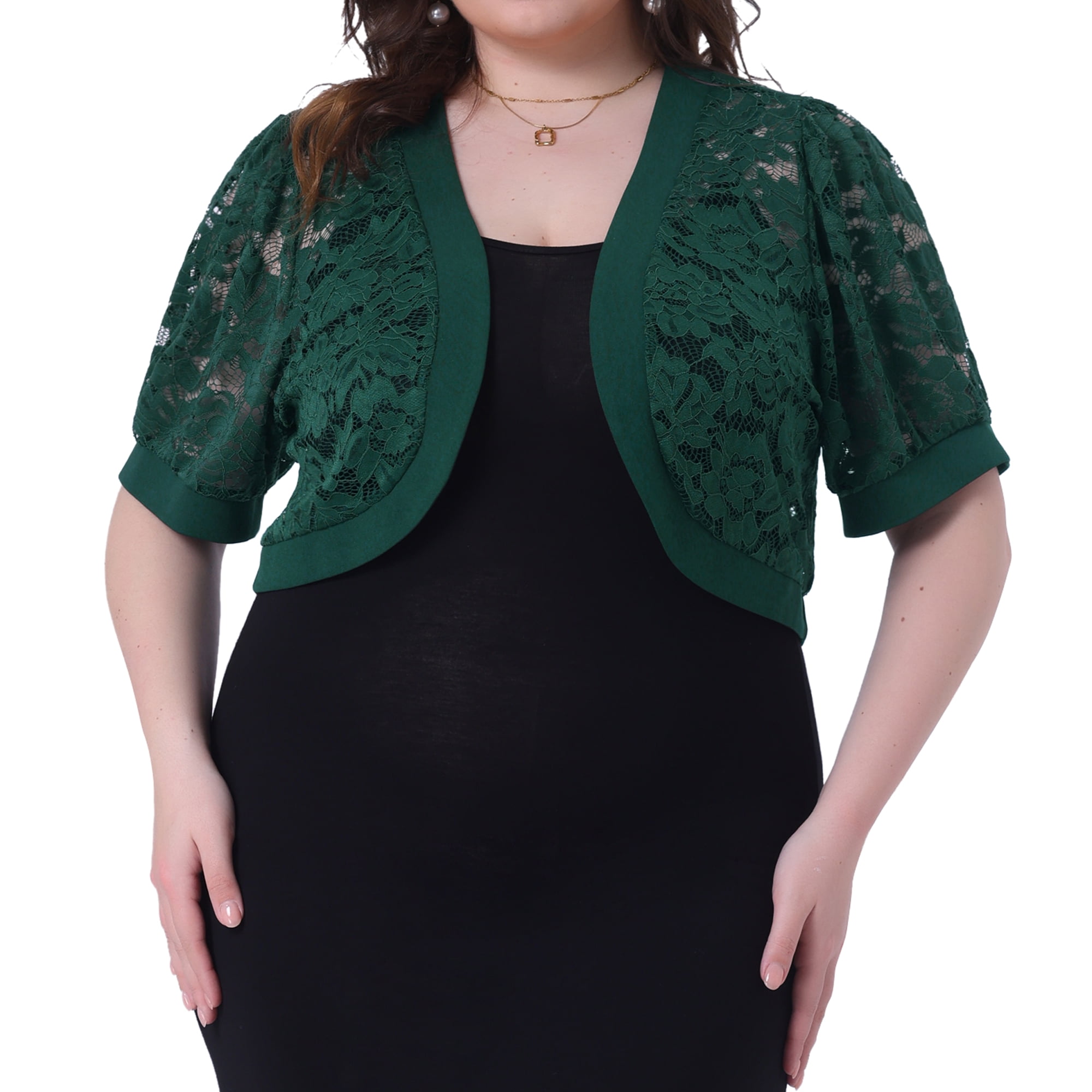 DARING DIVA Women's Plus Cropped Cardigans Floral Lace Bolero Shrugs 1X Dark Green