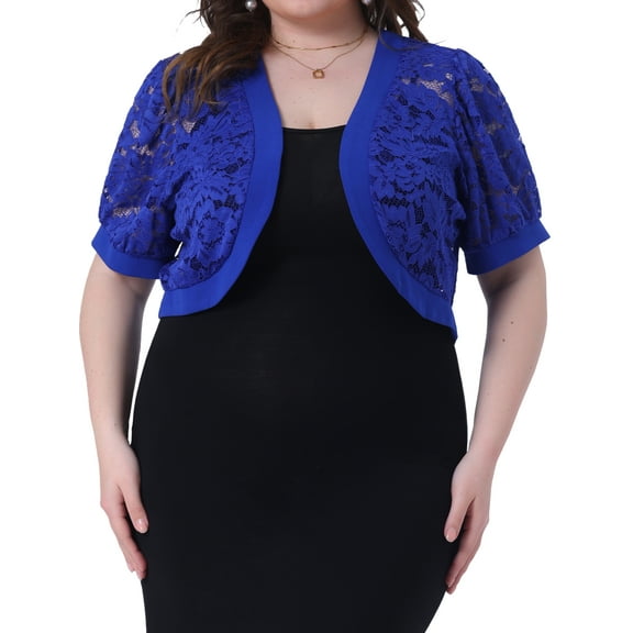 DARING DIVA Plus Size Floral Lace Bolero Open Front Cropped Cardigan 1X Royal Blue