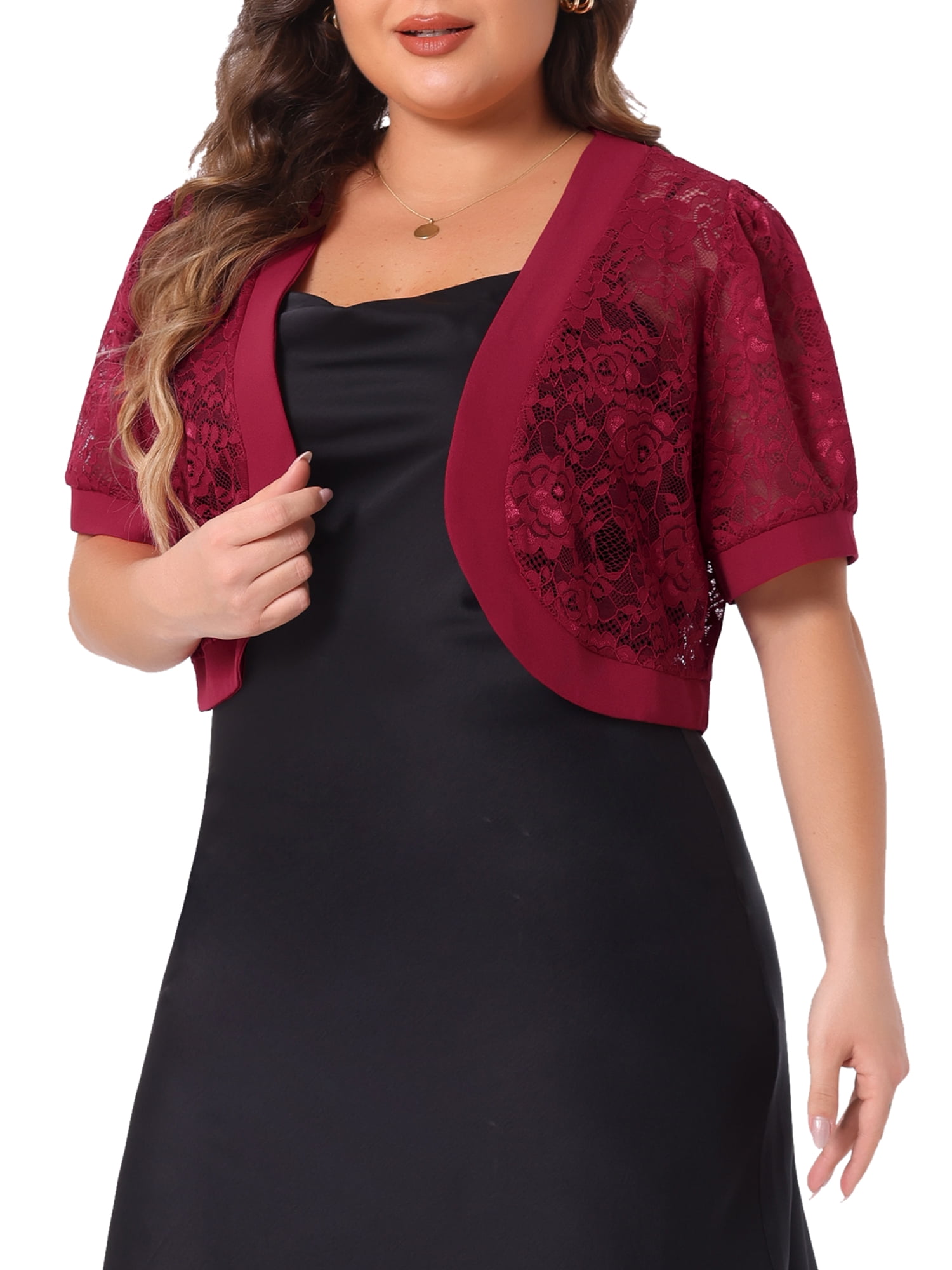 DARING DIVA Women's Plus Cropped Cardigans Floral Lace Bolero Shrugs 2X Burgundy