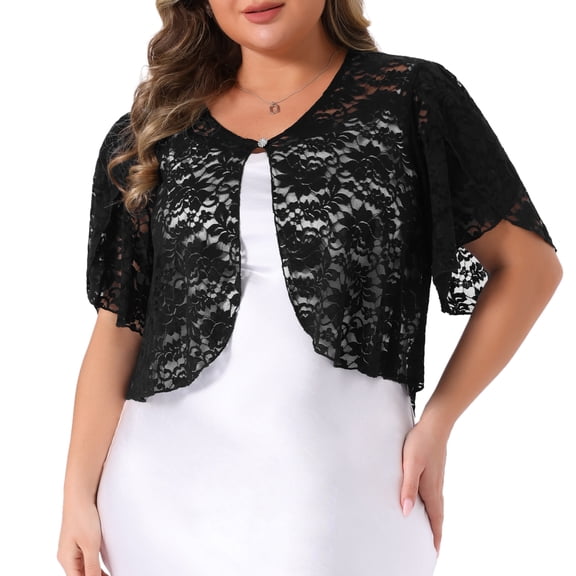DARING DIVA Women's Plus Floral Lace Bolero Shrugs Short Sleeve Cardigans 1X Black