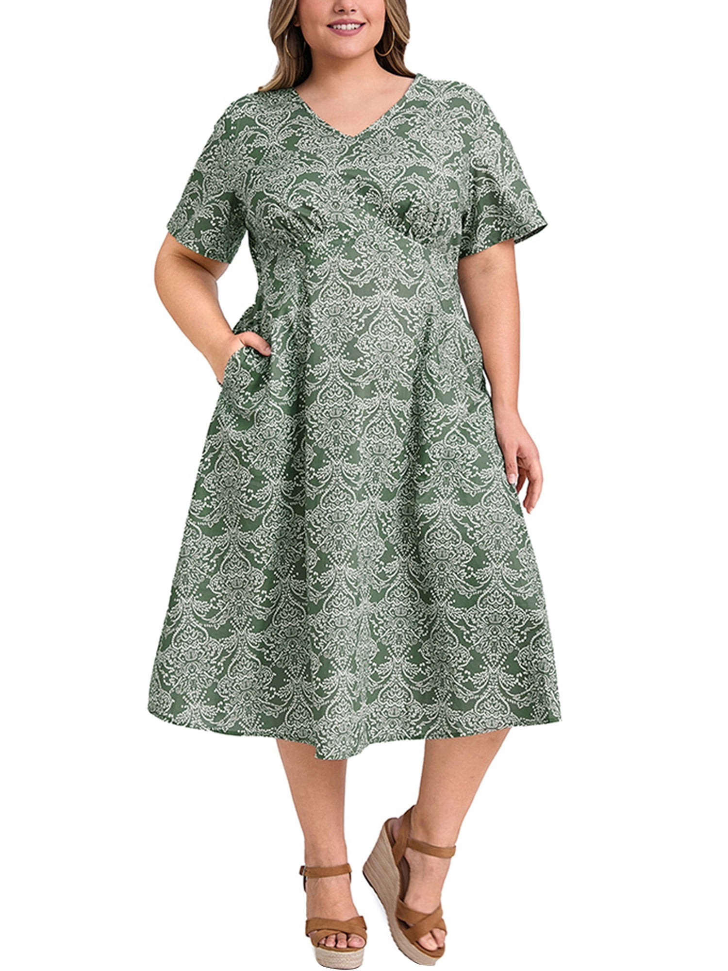 DARING DIVA Plus Size Floral Print V Neck Beach Vacation Midi Dress 3X Gray Green