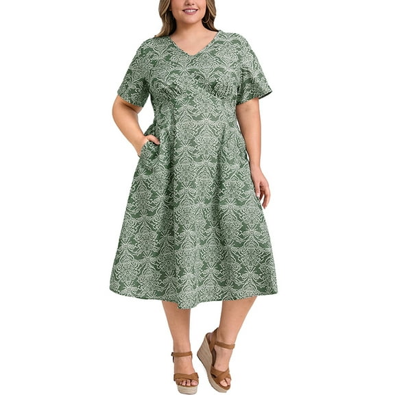 DARING DIVA Plus Size Floral Print V Neck Beach Vacation Midi Dress 4X Gray Green