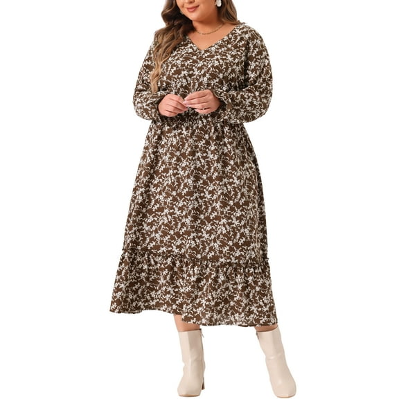 DARING DIVA Plus Size Floral Print V Neck Long Sleeve Maxi Dress 1X Brown