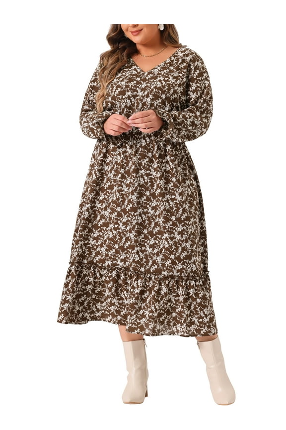 Plus Size Floral Print V Neck Long Sleeve Maxi Dress 1X Brown