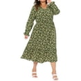 thumbnail image 1 of DARING DIVA Plus Size Floral Print V Neck Long Sleeve Maxi Dress 2X Olive Green, 1 of 6