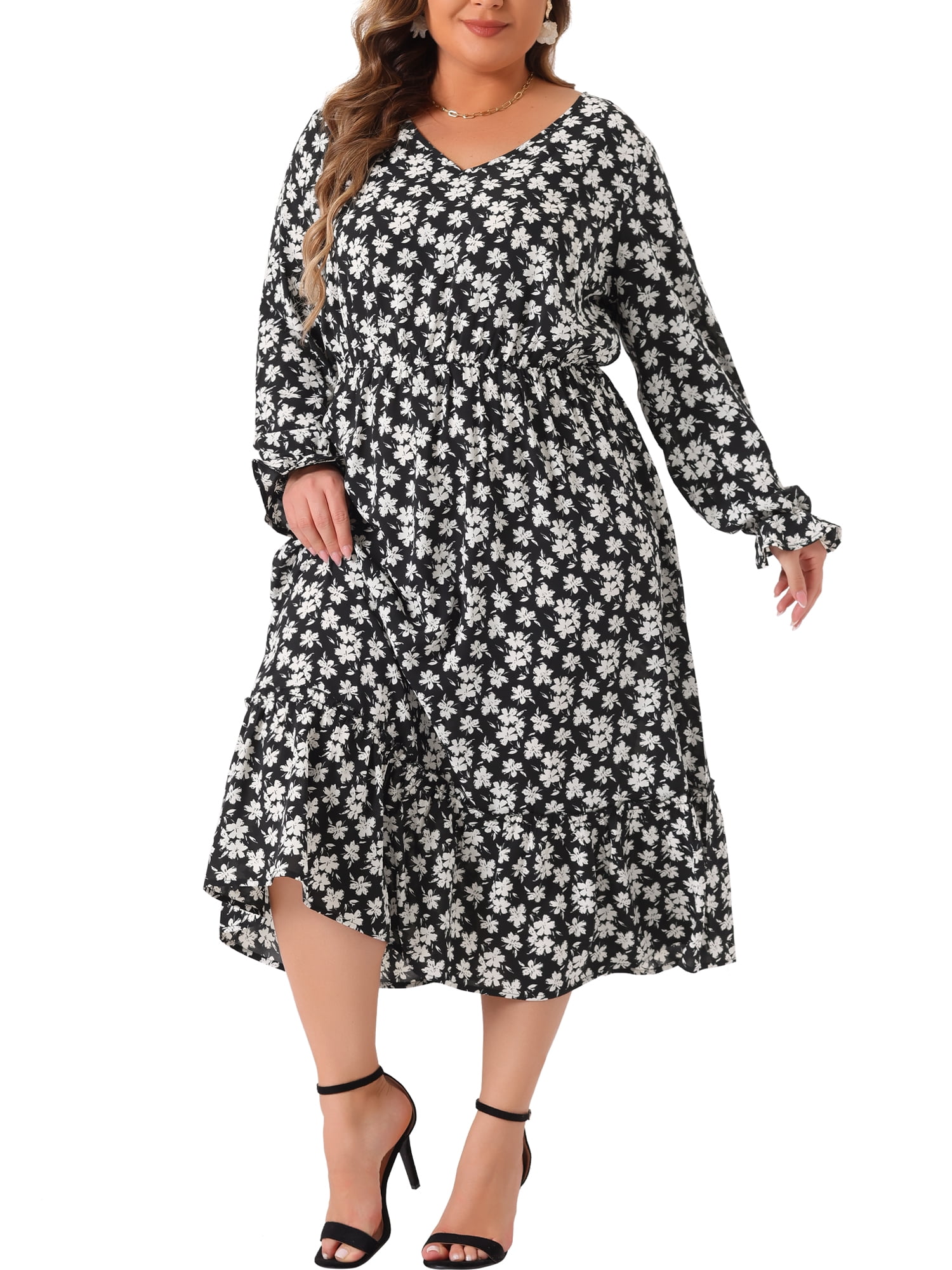 DARING DIVA Plus Size Floral Print V Neck Long Sleeve Maxi Dress 3X Black