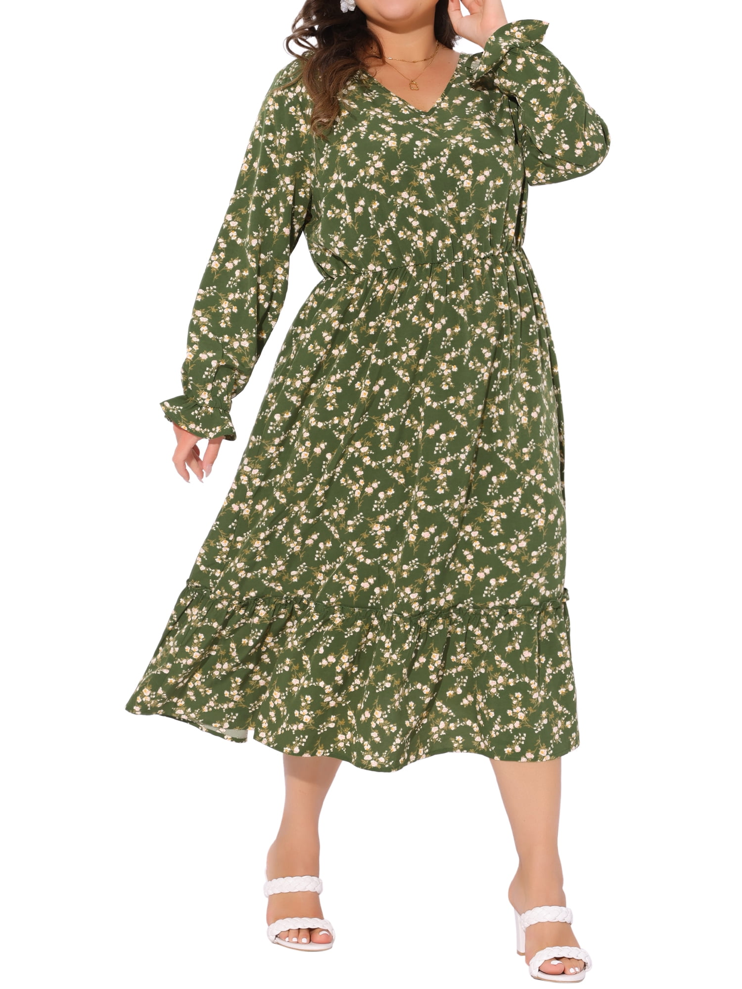 DARING DIVA Plus Size Floral Print V Neck Long Sleeve Maxi Dress 3X Olive Green