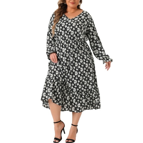 DARING DIVA Plus Size Floral Print V Neck Long Sleeve Maxi Dress 4X Black