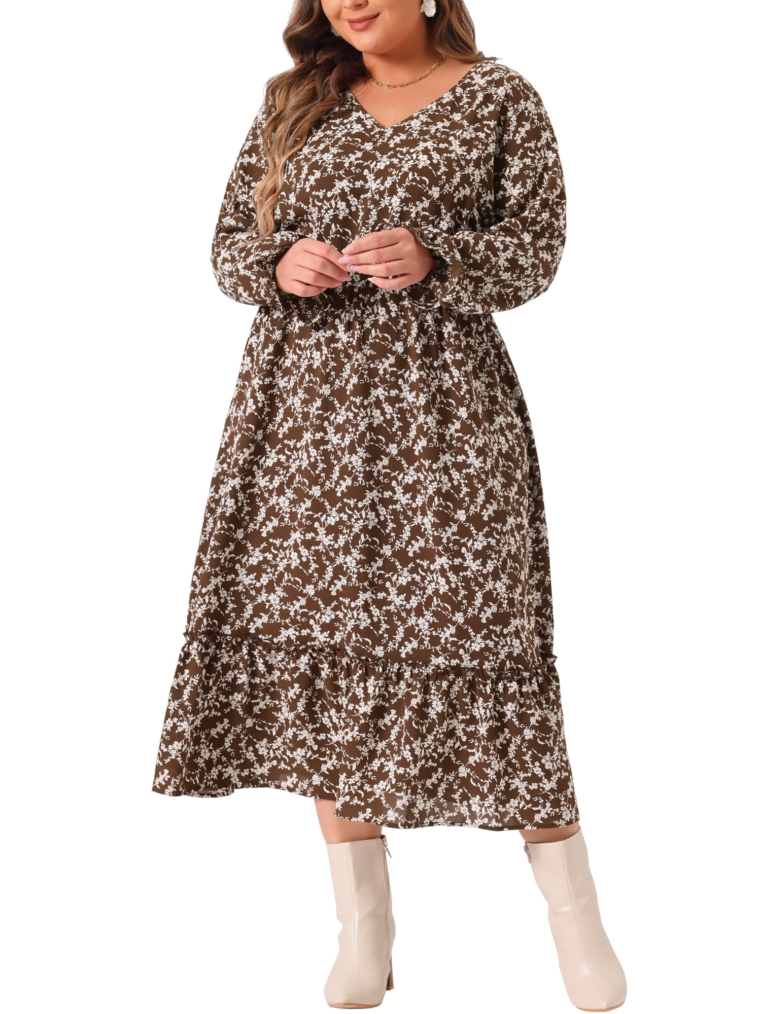 DARING DIVA Plus Size Floral Print V Neck Long Sleeve Maxi Dress 4X Brown