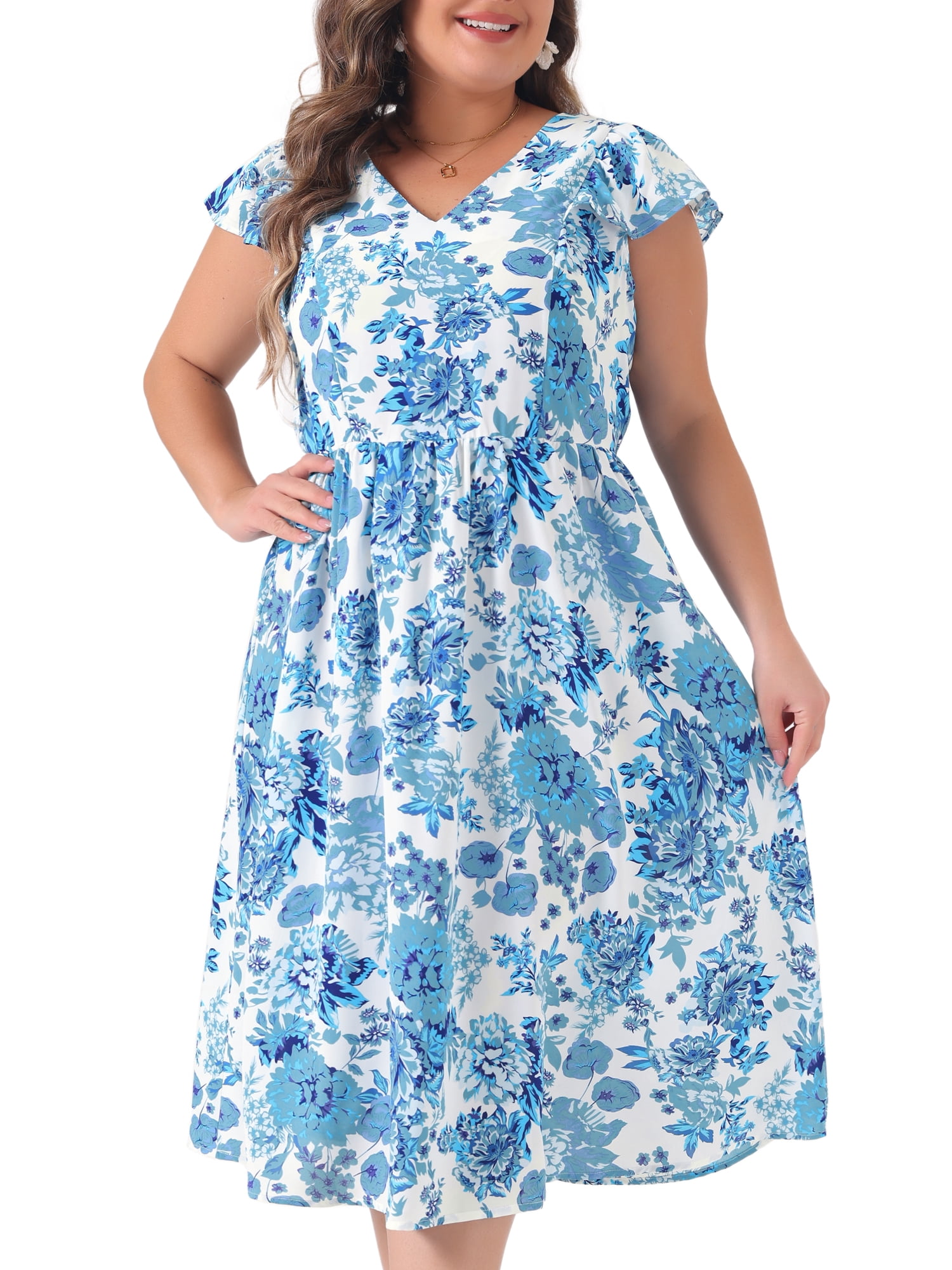 DARING DIVA Plus Size Floral Ruffle Short Sleeves Tie Back V Neck Dress 1X Blue