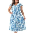 thumbnail image 1 of DARING DIVA Plus Size Floral Ruffle Short Sleeves Tie Back V Neck Dress 1X Blue, 1 of 6