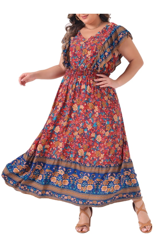 Plus Size Floral Ruffle Sleeve Beach Boho Maxi Dress 2X Red