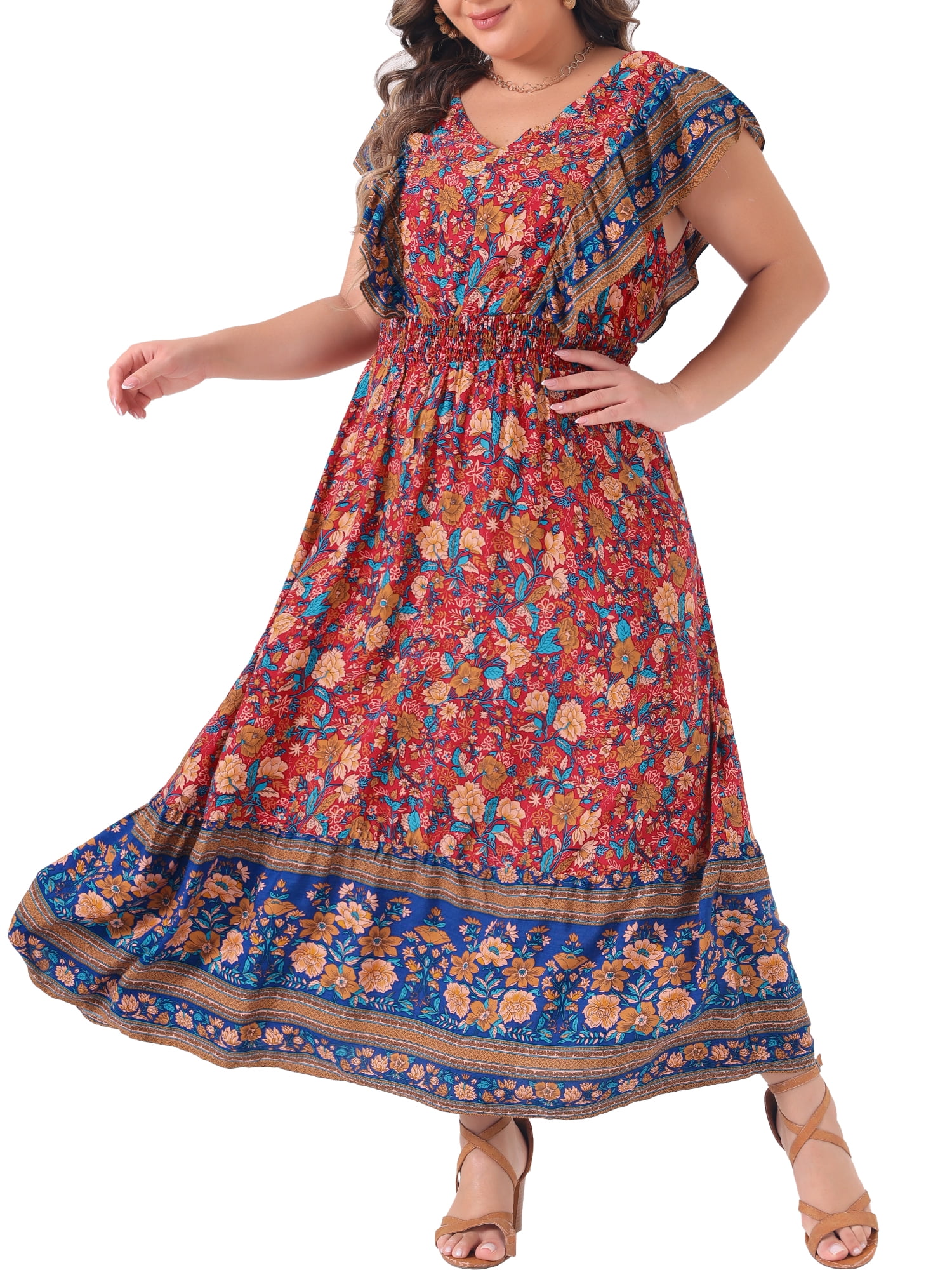 DARING DIVA Plus Size Floral  Ruffle Sleeve Beach Boho Maxi Dress 4X Red