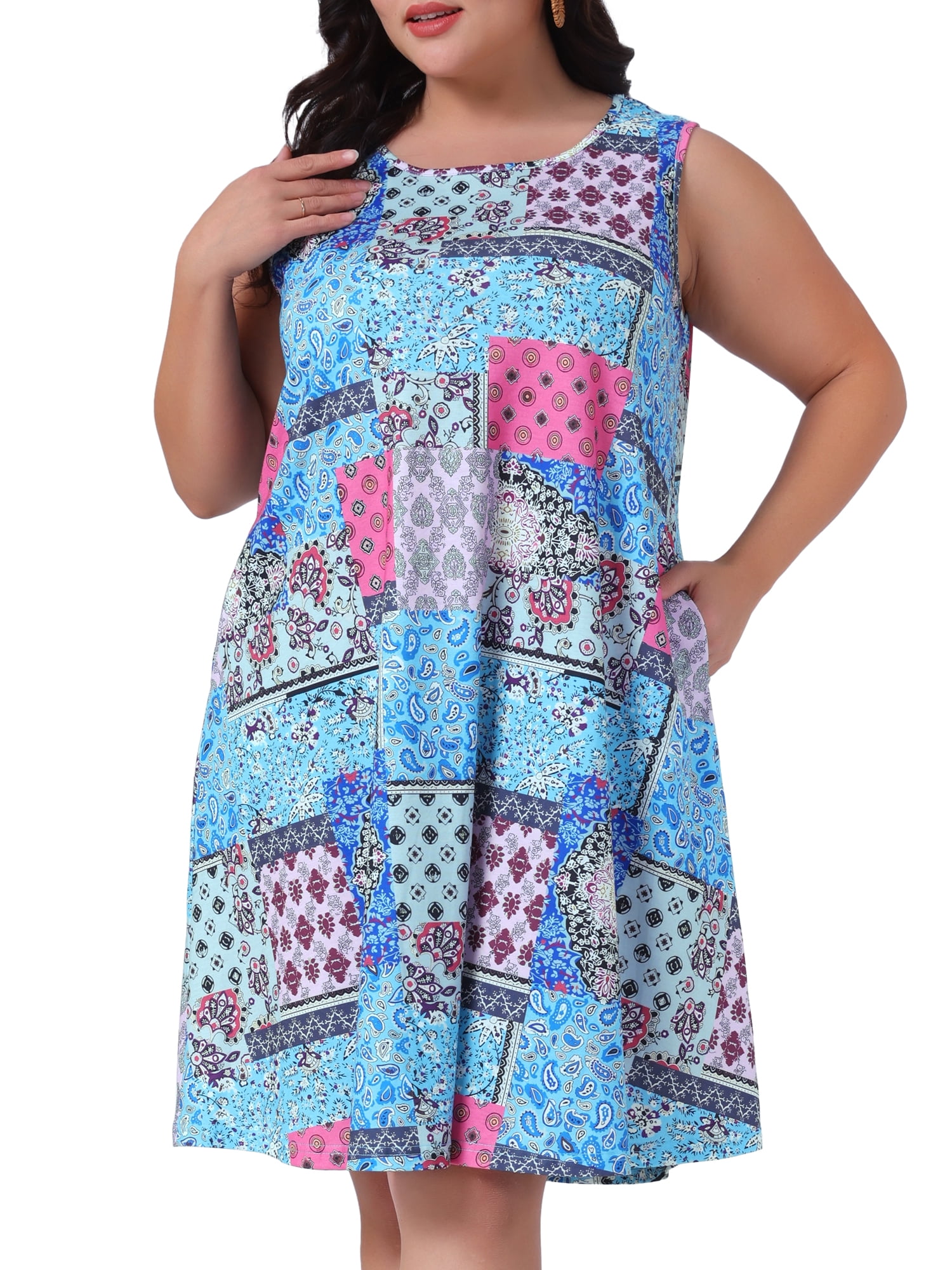 DARING DIVA Plus Size Floral Tank Sleeveless Boho Dress 1X Pink Blue