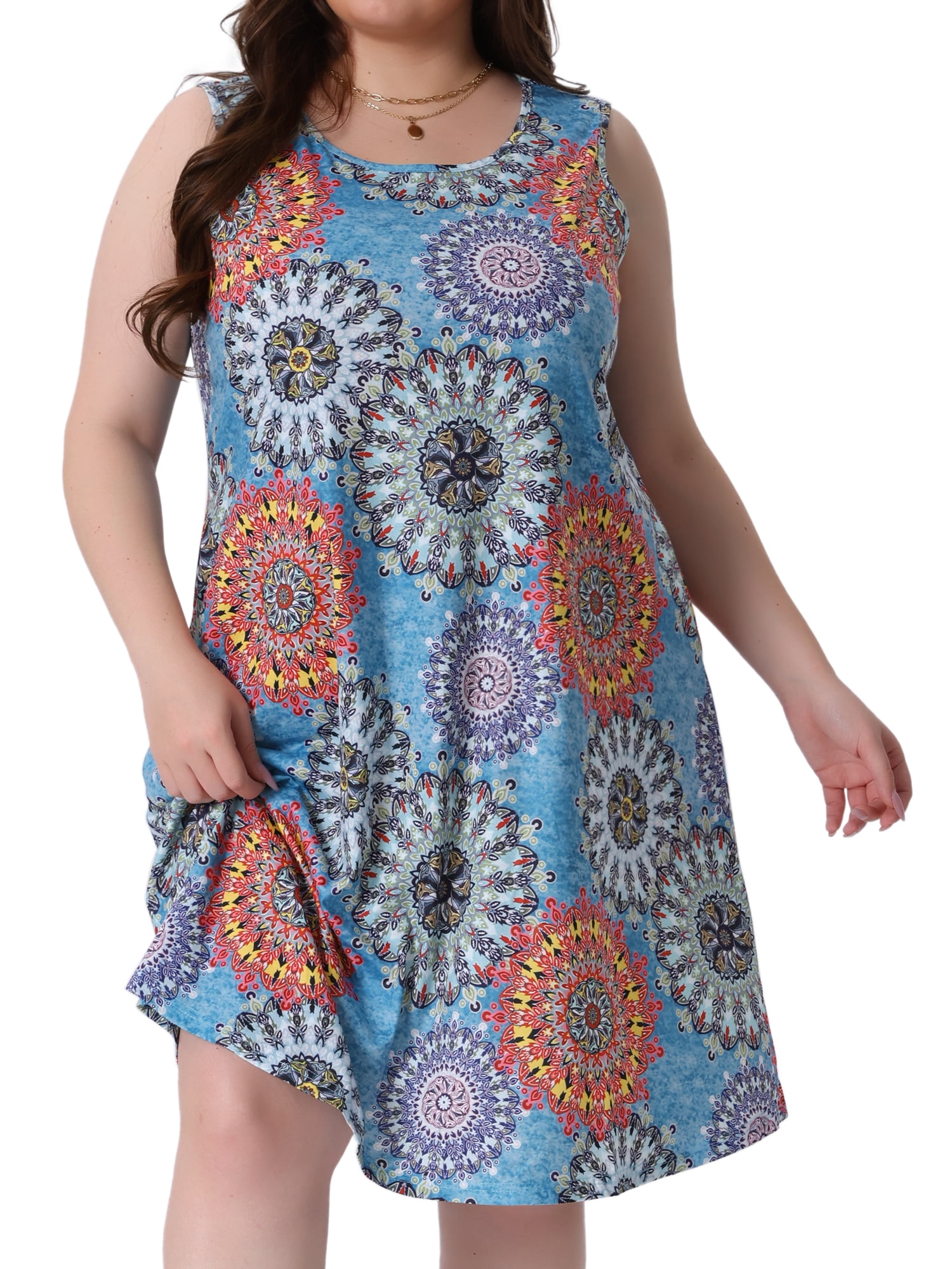 DARING DIVA Plus Size Floral Tank Sleeveless Boho Dress 2X Yellow Blue