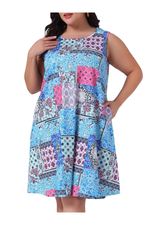 Plus Size Floral Tank Sleeveless Boho Dress 3X Pink Blue