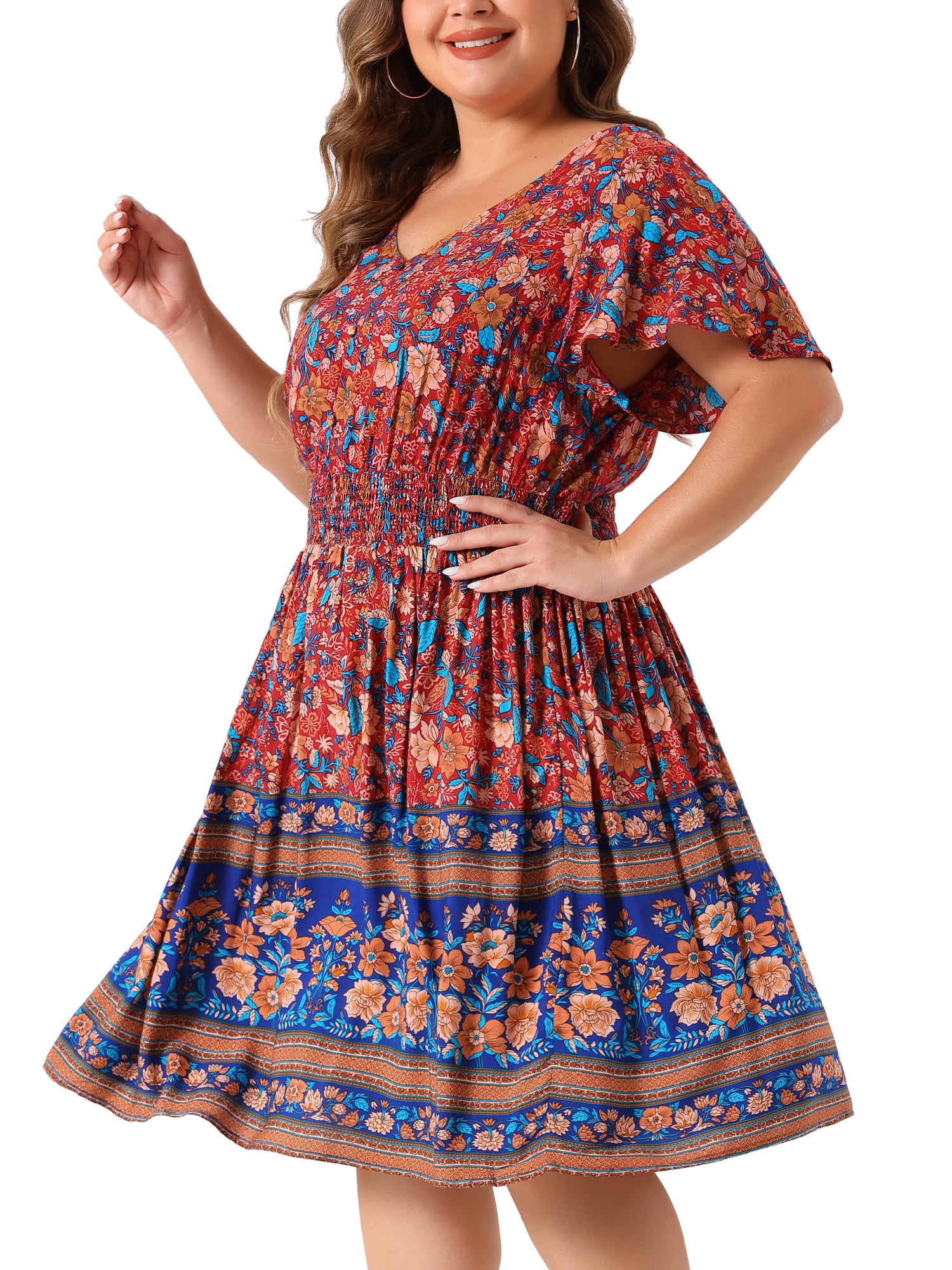 DARING DIVA Women's Plus Size Midi Placed Pattern V Neck Dress 1X Blue Red