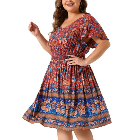 DARING DIVA Plus Size Floral V Neck Smock Waist Bohemian Midi Dress 1X Blue Red