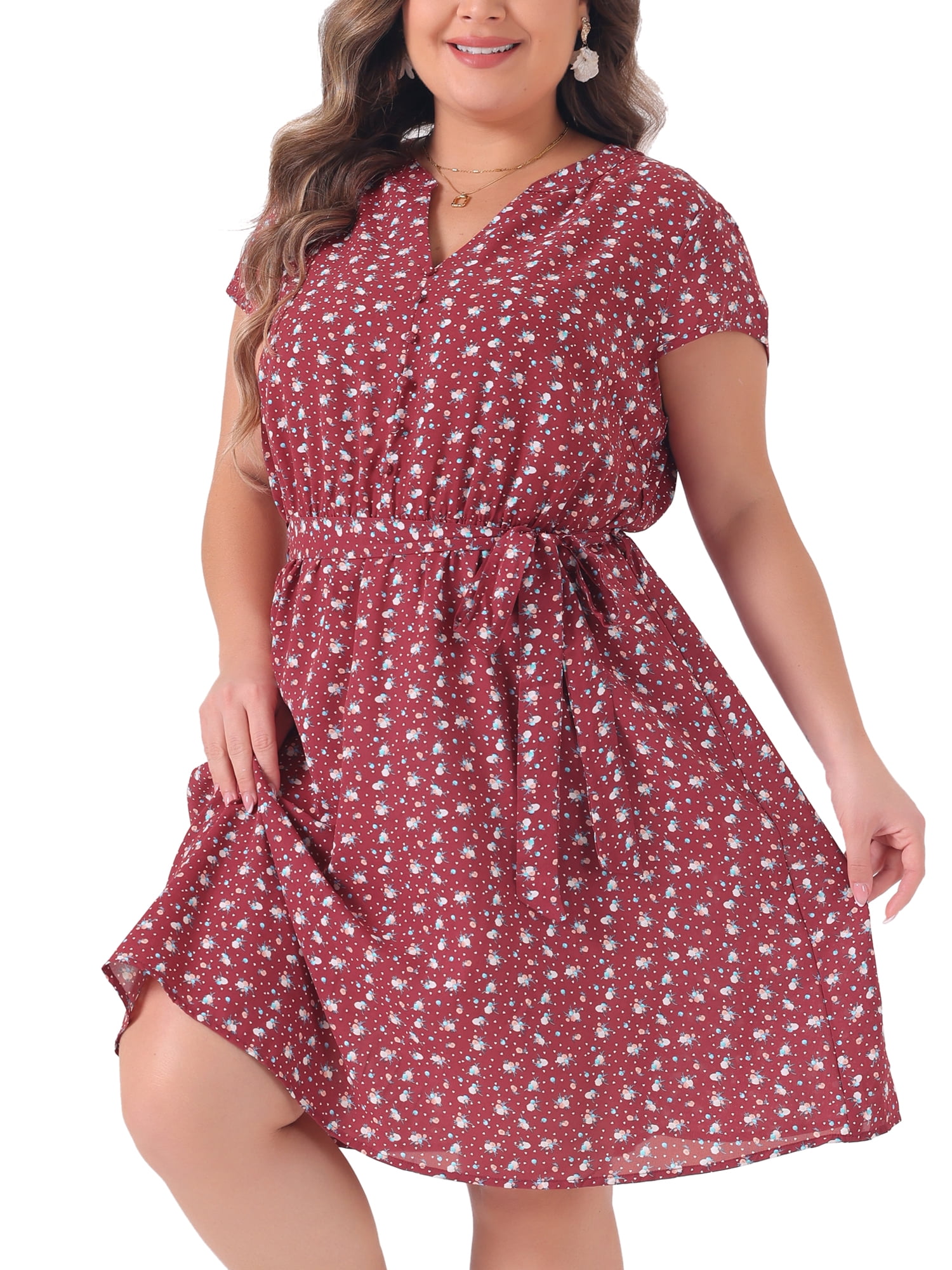 DARING DIVA Plus Size Floral V Neck Tie Belted Dress 2X Red