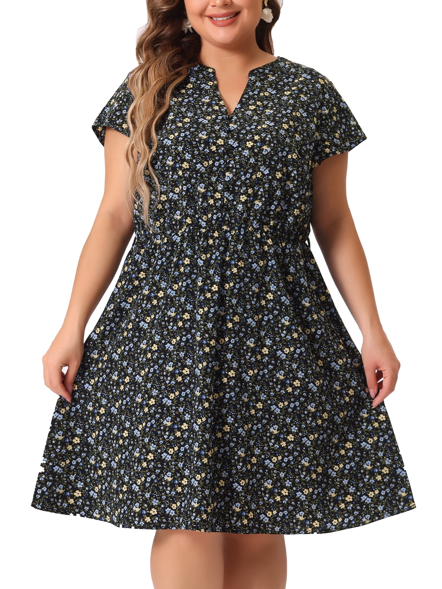 DARING DIVA Plus Size Floral V Neck Tie Belted Dress 4X Black Blue