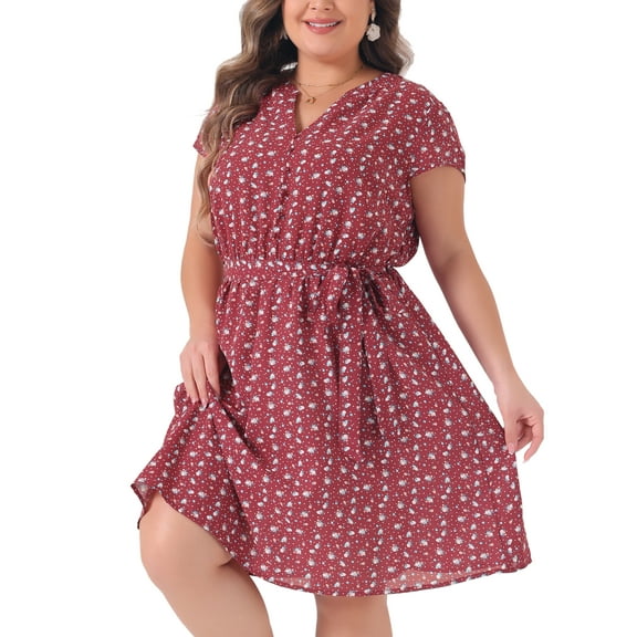 DARING DIVA Plus Size Floral V Neck Tie Belted Dress 4X Red