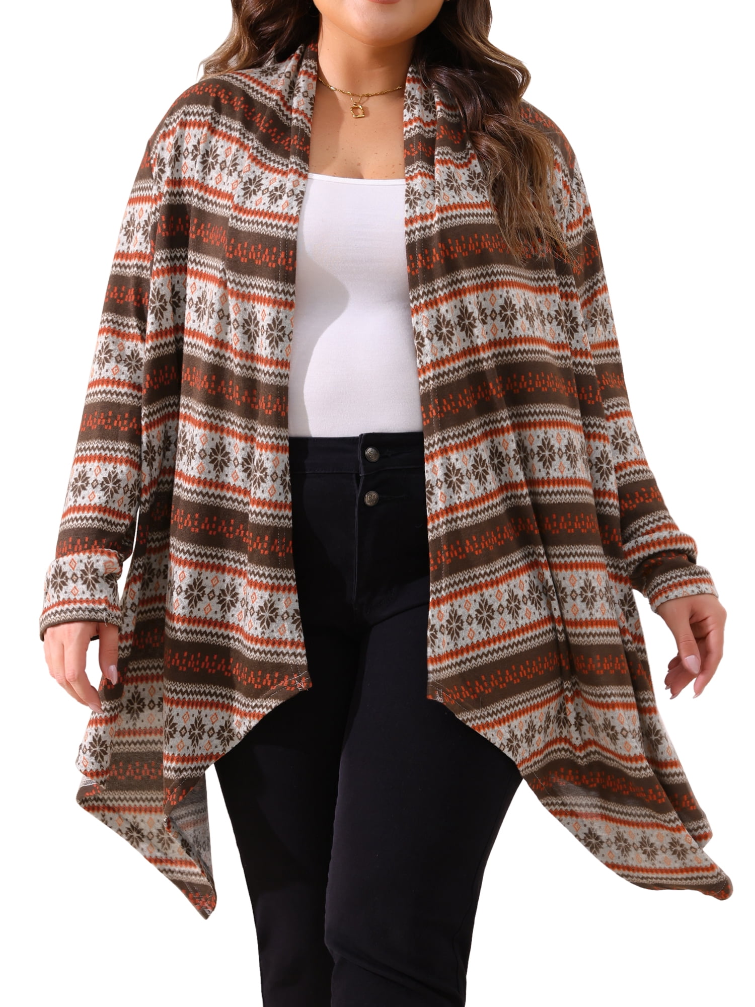 DARING DIVA Plus Size Front Open Lightweight Striped Long Sweaters 1X Brown