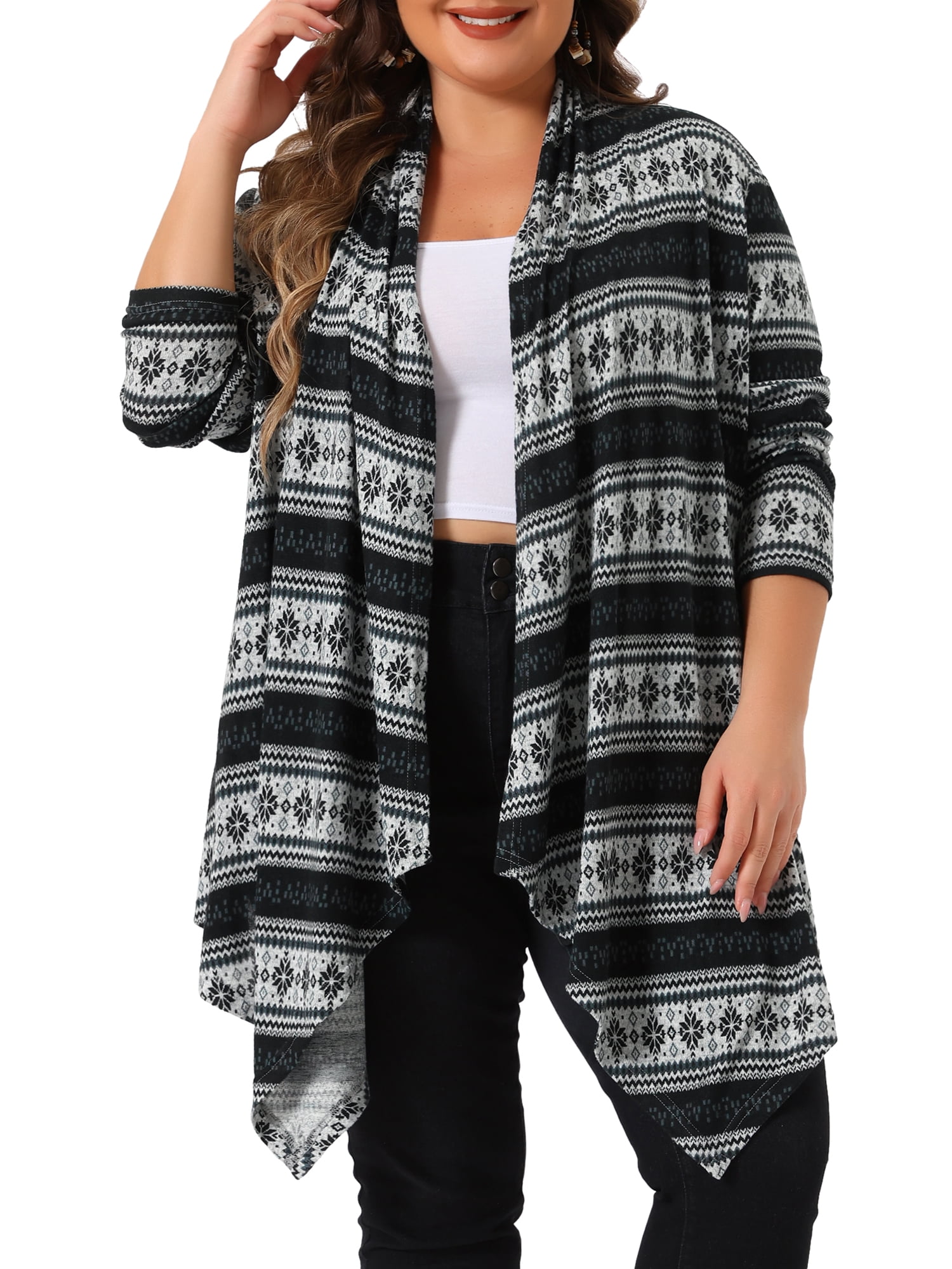 DARING DIVA Plus Size Front Open Lightweight Striped Long Sweaters 2X Black