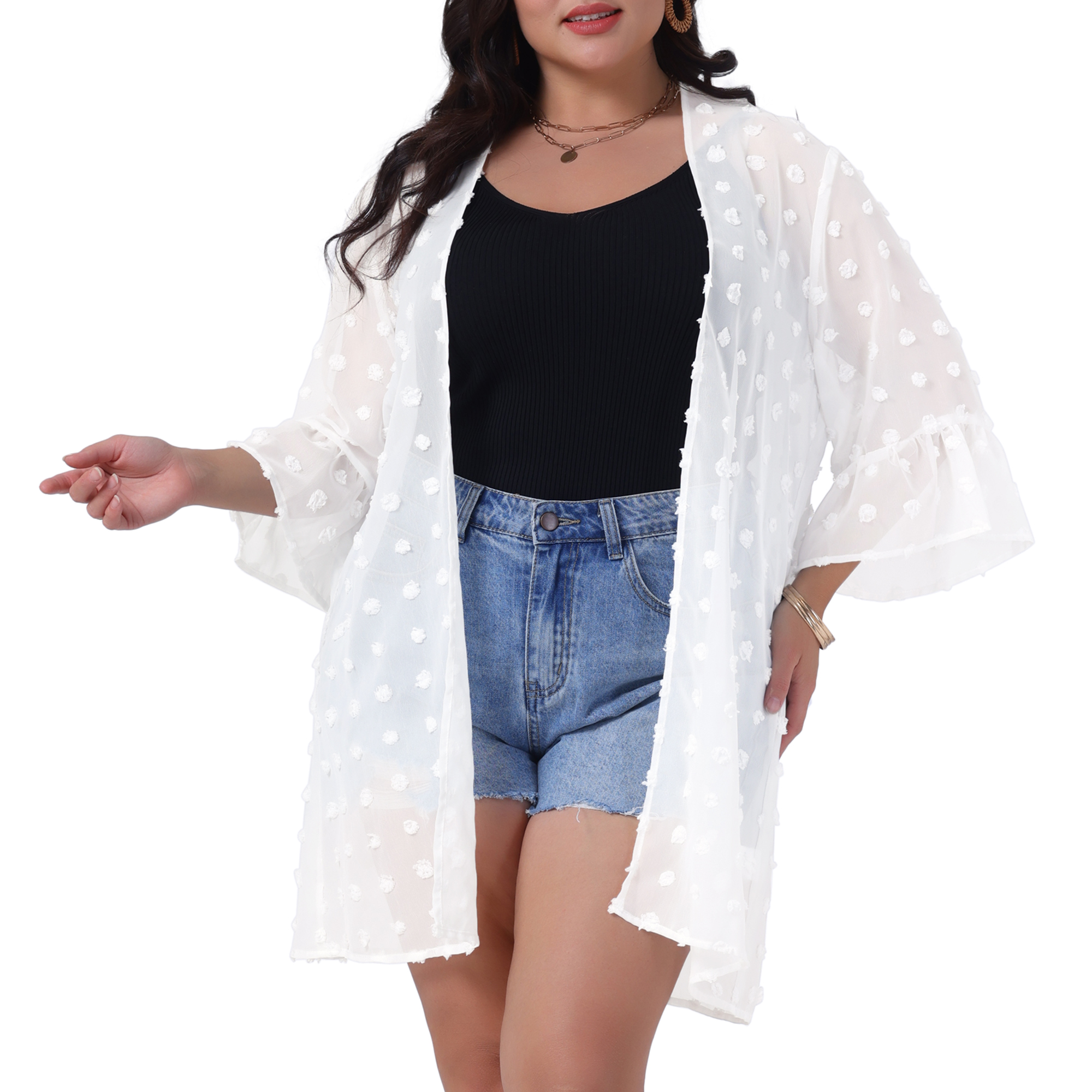 DARING DIVA Plus Size Half Sleeve Shrugs Open Front Chiffon Tops 1X White