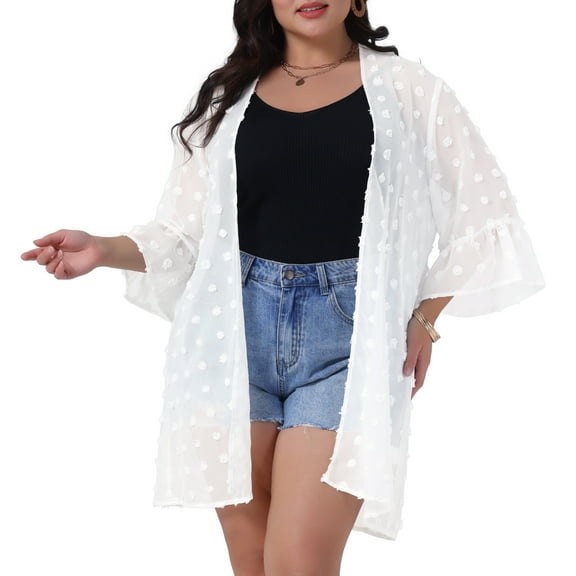 DARING DIVA Plus Size Half Sleeve Shrugs Open Front Chiffon Tops 1X White