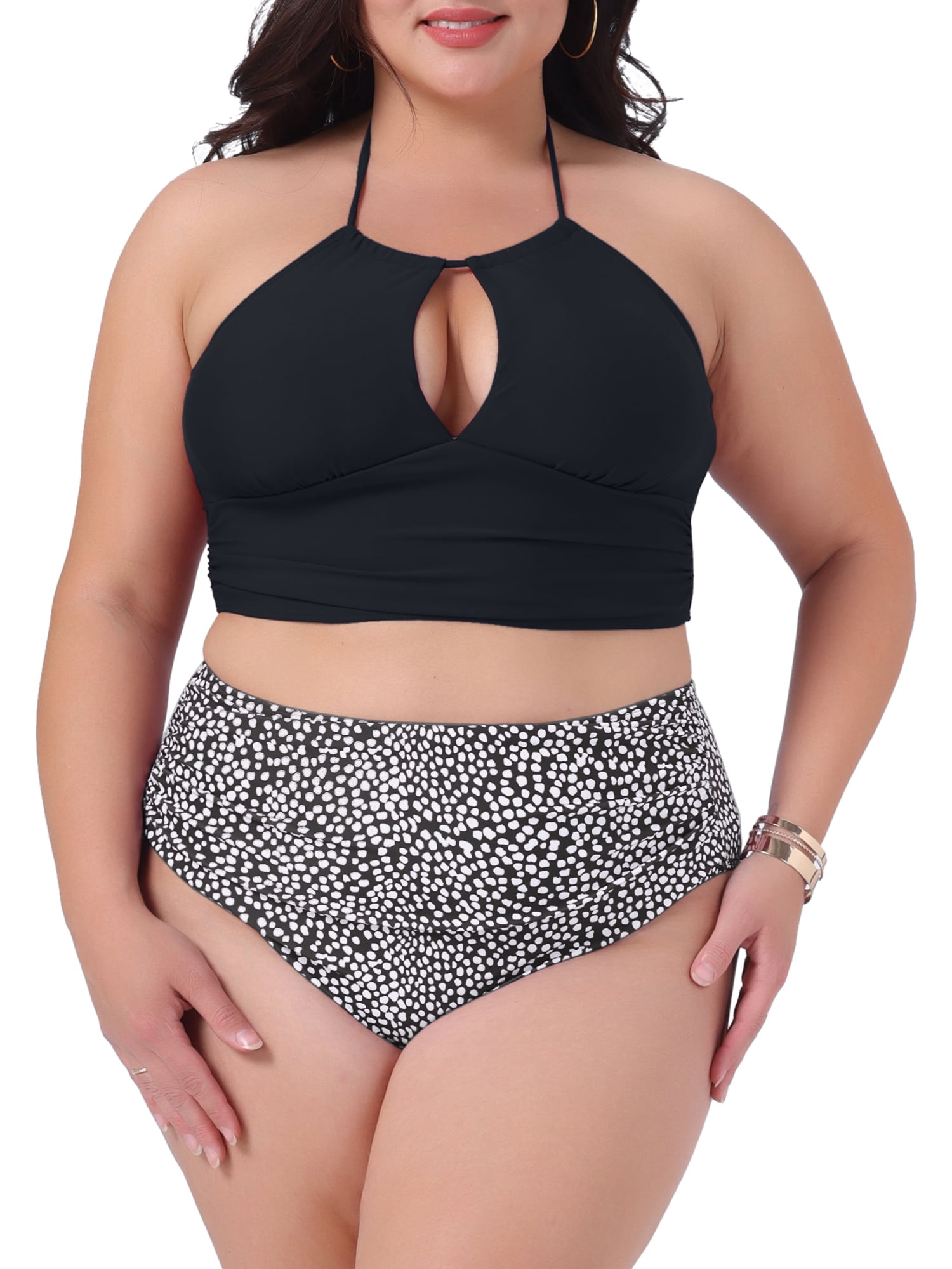 DARING DIVA Plus Size Halter Ruched Bathing Suit Set for Women 1X Black White
