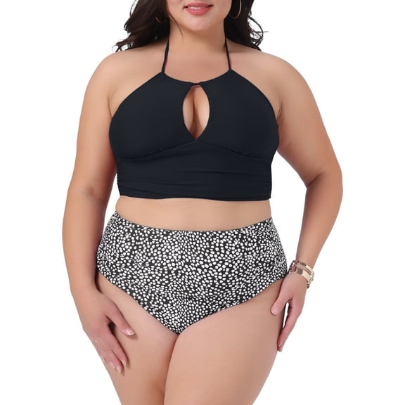 DARING DIVA Plus Size Halter Ruched Bathing Suit Set for Women 1X Black White