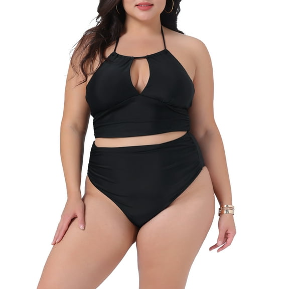 DARING DIVA Plus Size Halter Ruched Bathing Suit Set for Women 1X Black