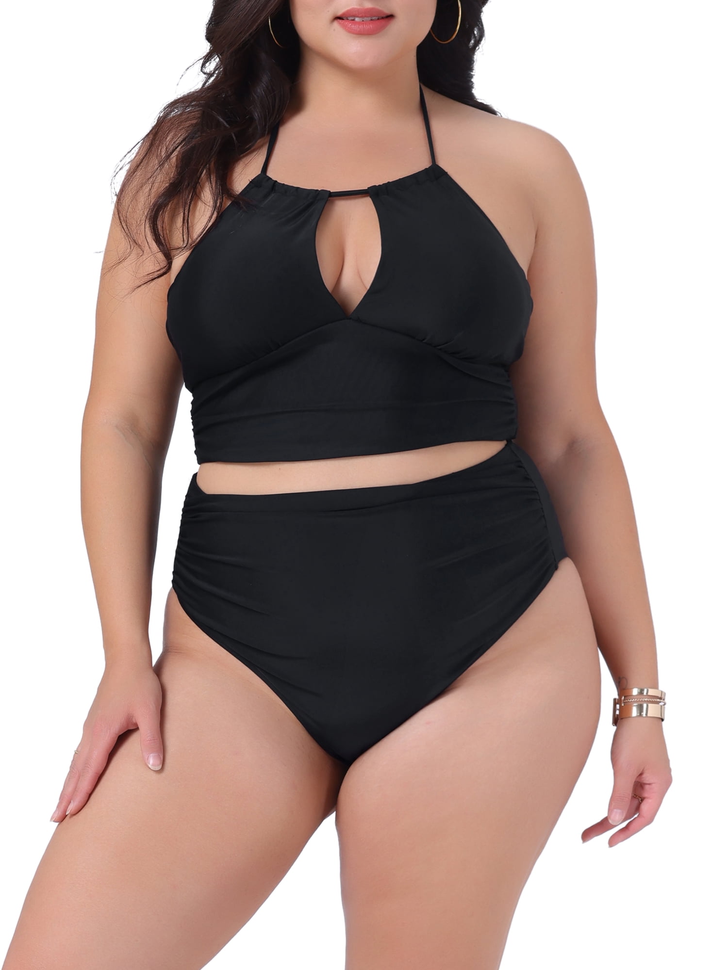 DARING DIVA Plus Size Halter Ruched Bathing Suit Set for Women 3X Black