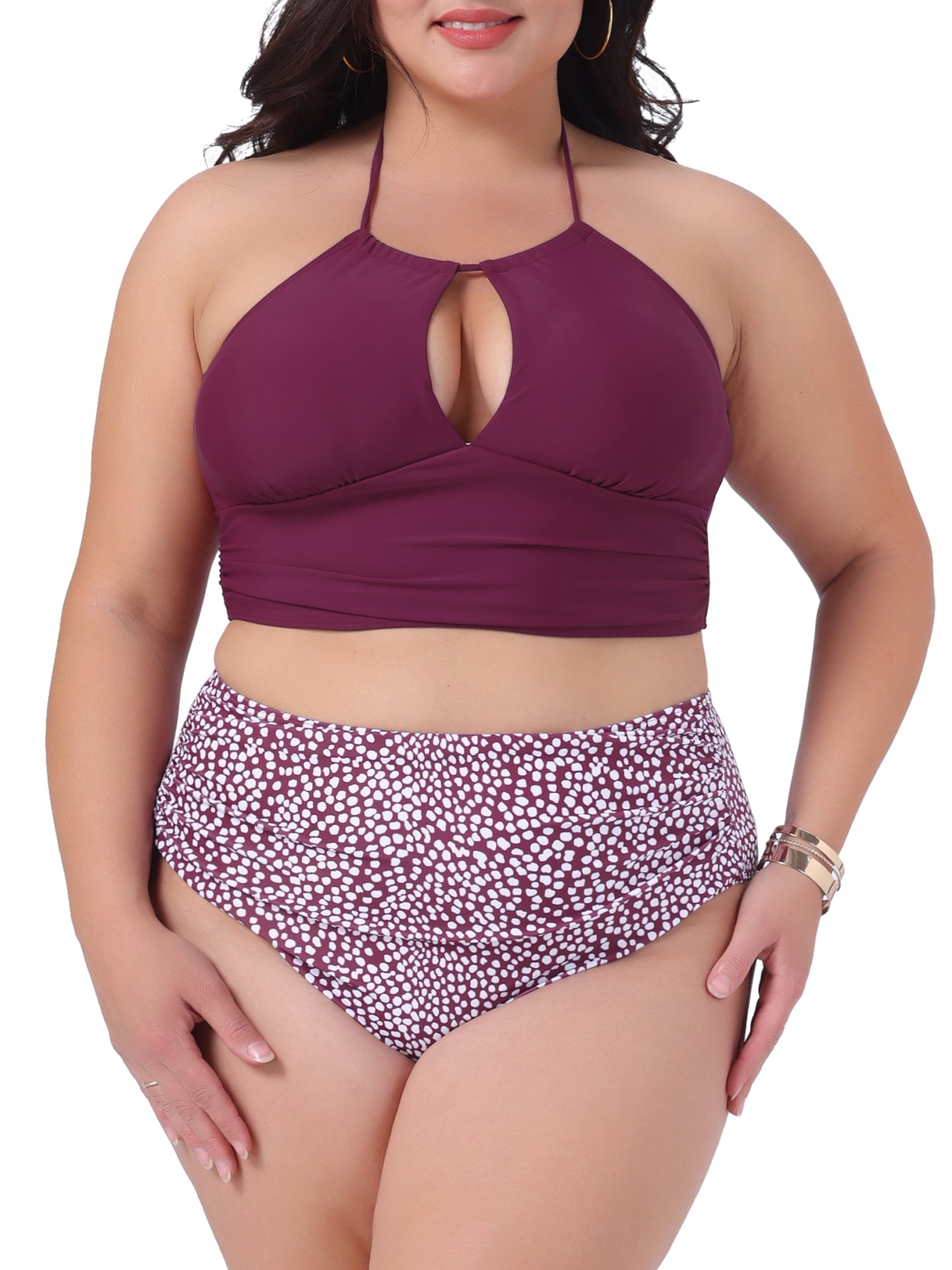 DARING DIVA Plus Size Halter Ruched Bathing Suit Set for Women 3X Burgundy