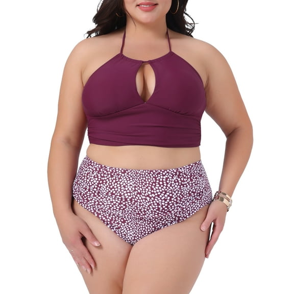 DARING DIVA Plus Size Halter Ruched Bathing Suit Set for Women 4X Burgundy