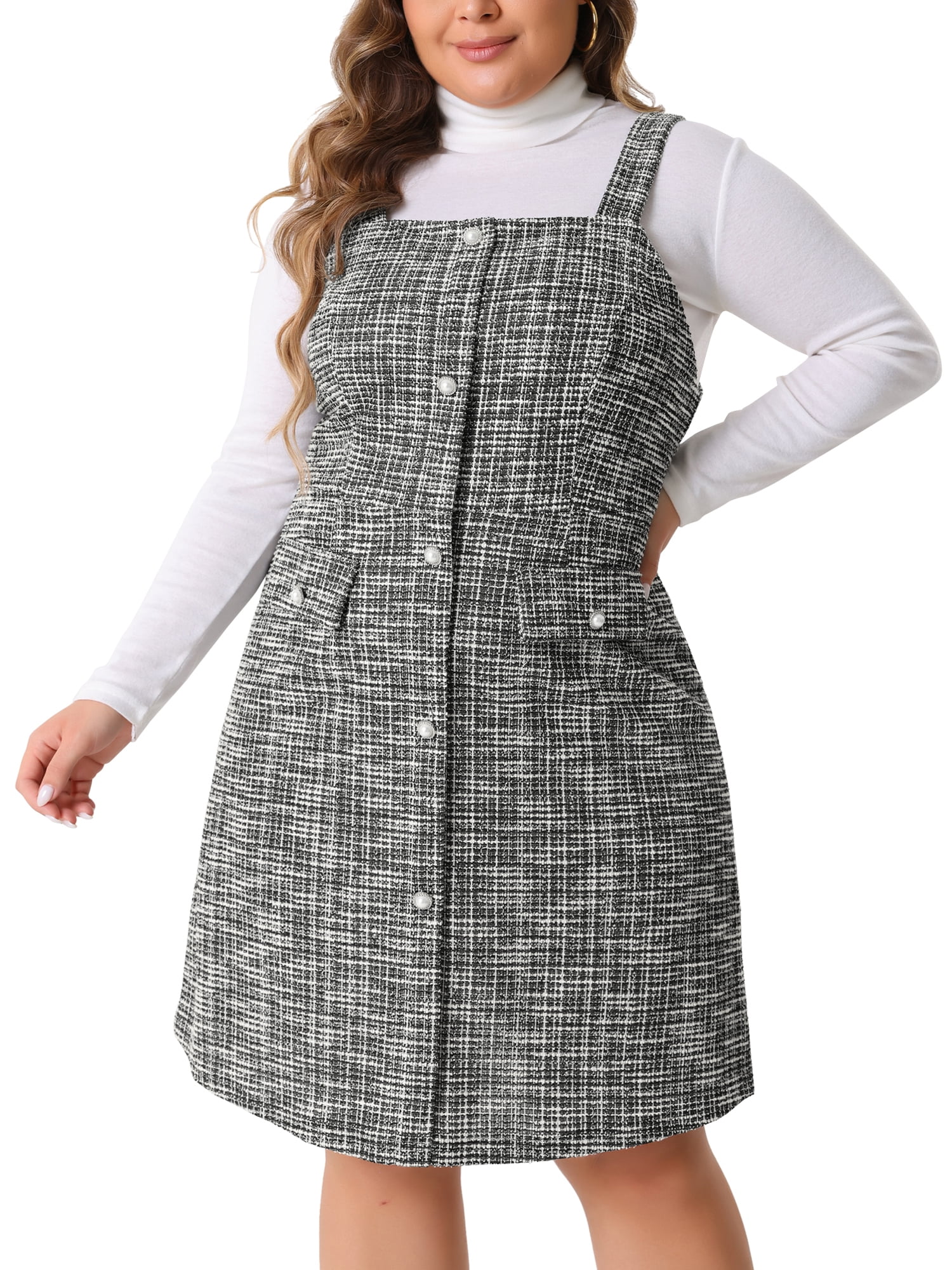 DARING DIVA Plus Size High Waist Tweed Single Breasted Overall Dress 1X Black