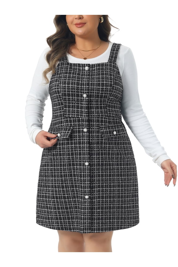 Plus Size High Waist Tweed Single Breasted Overall Dress 2X Black White
